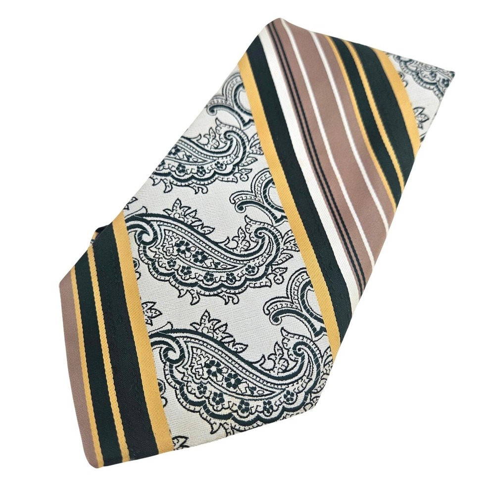 Vintage 70s/80s Jean Claude Vidal Green Gold Mens Paisley Stripe Necktie USA
